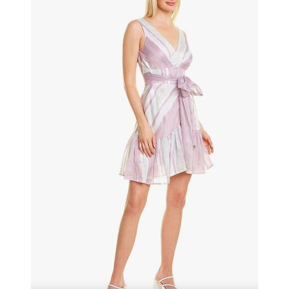 Rebecca Taylor Faux Wrap Ruffle Hem Dress Bow Silk Linen Sleeveless Size 10 - Picture 1 of 15